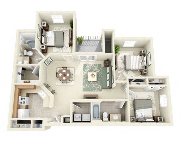 Churchill Three Bedroom Floor Plan Churchill Three Bedroom Floor Plan 3D Image